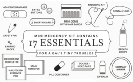 MINIMERGENCY KIT CONTAINS 17 ESSENTIALS FOR A GAL'S TINYTROUBLES ADHESIVE BANDAGE EXTRA BUTTONS EMERY BOARD MINI COMB WITH HAIR BANDS MENDING KIT DENTAL FLOSS BREATH DROPS COMPACT MIRROR LIP BALM DOUBLE-SIDED TAPE PILL CONTAINER DEODORANT TOWELETTE NAIL POLISH REMOVER PAD STAIN REMOVER EARRING BACKS SAFETY PIN trademark