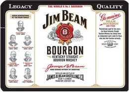 THE WORLD'S NO. 1 BOURBON JIM BEAM BOURBON KENTUCKY STRAIGHT BOURBON WHISKEY JAMES B. BEAM NONE GENUINE WITHOUT MY SIGNATURE DISTILLED AND BOTTLED BY JAMES B. BEAM DISTILLING CO. BEAM CLERMONT FRANKFORT, KENTUCKY USA B BEAM FORMULA A STANDARD SERVICE SINCE 1795 LEGACY SEVEN GENERATIONS OF THE BEAM FAMILY QUALITY GENUINE BEAM BOURBON AGED 4 YEARS PAINSTAKINGLY AGED FOR FOUR YEARS, JIM BEAM KENTUCKY STRAIGHT BOURBON WHISKEY HAS ALWAYS BEEN AN INDEPENDENT SPIRIT, MADE FOR THOSE WHO TAKE THEIR BOURBON SERIOUSLY HANDCRAFTED FAMILY RECIPE SINCE 1795 trademark