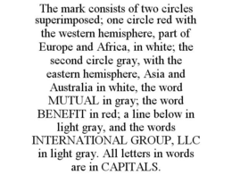 THE MARK CONSISTS OF TWO CIRCLES SUPERIMPOSED; ONE CIRCLE RED WITH THE WESTERN HEMISPHERE, PART OF EUROPE AND AFRICA, IN WHITE; THE SECOND CIRCLE GRAY, WITH THE EASTERN HEMISPHERE, ASIA AND AUSTRALIA IN WHITE, THE WORD MUTUAL IN GRAY; THE WORD BENEFIT IN RED; A LINE BELOW IN LIGHT GRAY, AND THE WORDS INTERNATIONAL GROUP, LLC IN LIGHT GRAY. ALL LETTERS IN WORDS ARE IN CAPITALS. trademark
