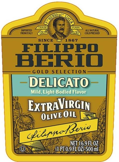 IMPORTED FROM ITALY F. PO BERIO & CO. LUCCA TRADE MARK ALL NATURAL COLD PRESSED SINCE 1867 FILIPPO BERIO GOLD SELECTION DELICATO MILD LIGHT-BODIED FLAVOR EXTRA VIRGIN OLIVE OIL FILIPPO BERIO NET 16.9 FL OZ (1 PT 0.9 FL OZ)-500ML trademark