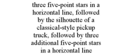 THREE FIVE-POINT STARS IN A HORIZONTAL LINE, FOLLOWED BY THE SILHOUETTE OF A CLASSICAL-STYLE PICKUP TRUCK, FOLLOWED BY THREE ADDITIONAL FIVE-POINT STARS IN A HORIZONTAL LINE trademark