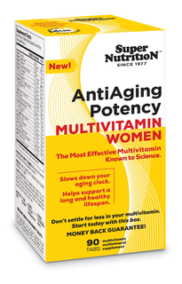 NEW! SUPER NUTRITION SINCE 1977 ANTIAGING POTENCY MULTIVITAMIN WOMEN THE MOST EFFECTIVE MULTIVITAMIN KNOWN TO SCIENCE. SLOWS DOWN YOUR AGING CLOCK. HELPS SUPPORT A LONG AND HEALTHY LIFESPAN. DON'T SETTLE FOR LESS IN YOUR MULTIVITAMIN. START TODAY WITH THIS BOX. MONEY BACK GUARANTEE! 90 TABS MULTIVITAMIN MULTIMINERAL SUPPLEMENT trademark