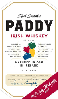 TRIPLE DISTILLED PADDY IRISH WHISKEY ESTD 1779 BLENDED TO PERFECTION WITH TRIPLE DISTILLED POT STILL, MALT AND GRAIN WHISKEYS AND MATURED FOR MANY YEARS IN OAK CASKS, PADDY IS A SOFT AND MELLOW WHISKEY WITH A SWEET, MALTY FINISH MATURED IN OAK IN IRELAND A BLEND DISTILLED & BOTTLED BY CORK DISTILLERIES CO. LTD. BLEND: POT STILL, GRAIN & MALT RECIPE: PF07810000 APPROVED: JAMES MURPHY THE PADDY FLAHERTY BRAND trademark