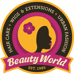 BEAUTY WORLD HAIR CARE + WIGS & EXTENSIONS + URBAN FASHION EST. 1985 trademark