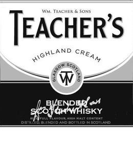 WM. TEACHER & SONS TEACHER'S HIGHLAND CREAM GLASGOW SCOTLAND WT BLENDED SCOTCH WHISKY RICH FULL FLAVOUR, HIGH MALT CONTENT DISTILLED, BLENDED AND BOTTLED IN SCOTLAND trademark