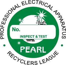 PEARL · PROFESSIONAL ELECTRICAL APPARATUS · RECYCLERS LEAGUE NO. INSPECT & TEST trademark