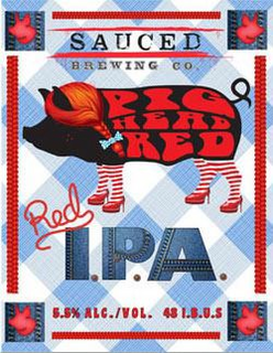 SAUCED BREWING CO. PIG HEAD RED RED I.P.A. 5.5%  ALC./VOL.  48 I.B.U.S. trademark