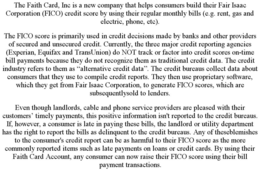 THE FAITH CARD, INC IS A NEW COMPANY THAT HELPS CONSUMERS BUILD THEIR FAIR ISAAC CORPORATION (FICO) CREDIT SCORE BY USING THEIR REGULAR MONTHLY BILLS (E.G. RENT, GAS AND ELECTRIC, PHONE, ETC). THE FICO SCORE IS PRIMARILY USED IN CREDIT DECISIONS MADE BY BANKS AND OTHER PROVIDERS OF SECURED AND UNSECURED CREDIT. CURRENTLY, THE THREE MAJOR CREDIT REPORTING AGENCIES (EXPERIAN, EQUIFAX AND TRANSUNION) DO NOT TRACK OR FACTOR INTO CREDIT SCORES ON-TIME BILL PAYMENTS BECAUSE THEY DO NOT RECOGNIZE THEM AS TRADITIONAL CREDIT DATA. THE CREDIT INDUSTRY REFERS TO THEM AS "ALTERNATIVE CREDIT DATA". THE CREDIT BUREAUS COLLECT DATA ABOUT CONSUMERS THAT THEY USE TO COMPILE CREDIT REPORTS. THEY THEN USE PROPRIETARY SOFTWARE, WHICH THEY GET FROM FAIR ISAAC CORPORATION, TO GENERATE FICO SCORES, WHICH ARE SUBSEQUENTLYSOLD TO LENDERS. EVEN THOUGH LANDLORDS, CABLE AND PHONE SERVICE PROVIDERS ARE PLEASED WITH THEIR CUSTOMERS' TIMELY PAYMENTS, THIS POSITIVE INFORMATION ISN'T REPORTED TO THE CREDIT BUREAUS. IF, HOWEVER, A CONSUMER IS LATE IN PAYING THESE BILLS, THE LANDLORD OR UTILITY DEPARTMENT HAS THE RIGHT TO REPORT THE BILLS AS DELINQUENT TO THE CREDIT BUREAUS. ANY OF THESEBLEMISHES TO THE CONSUMER'S CREDIT REPORT CAN BE AS HARMFUL TO THEIR FICO SCORE AS THE MORE COMMONLY REPORTED ITEMS SUCH AS LATE PAYMENTS ON LOANS OR CREDIT CARDS. BY USING THEIR FAITH CARD ACCOUNT, ANY CONSUMER CAN NOW RAISE THEIR FICO SCORE USING THEIR BILL PAYMENT TRANSACTIONS. trademark