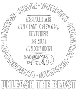 DILIGENCE · DESIRE · DIRECTION · DEDICATION · DISCIPLINE · DETERMININATION · AS FOR ME AND MY DREAMS, FAILURE IS NOT AN OPTION MOJO 6D UNLEASH THE BEAST trademark