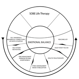 SOBE LIFE THERAPY EMOTIONAL BALANCE: SELF-AWARENESS, MEANINGFUL CONNECTIONS, LIFE WITH A PURPOSE; SELF-ESTEEM, MOTIVATION; TIME MANAGEMENT, PROBLEM SOLVING, ASSERTIVENESS; STRESS MANAGEMENT, MOOD STABILIZATION; HEALTHY RELATIONSHIPS; ENJOY WHAT YOU DO; REACHING JOY trademark