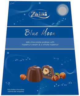 BLUE MOON ZAINI 1913 MILK CHOCOLATE PRALINES WITH HAZELNUT CREAM & A WHOLE HAZELNUT AND "FINE ITALIAN CHOCOLATE INDIVIDUALLY WRAPPED trademark