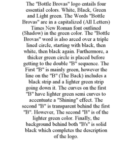 THE "BOTTLE BROVAS" LOGO ENTAILS FOUR ESSENTIAL COLORS. WHITE, BLACK, GREEN AND LIGHT GREEN. THE WORDS "BOTTLE BROVAS" ARE IN A CAPITALIZED (ALL LETTERS) TIMES NEW ROMAN FONT OUTLINED (SHADOW) IN THE GREEN COLOR. THE "BOTTLE BROVAS" WORD IS ALSO ARCED OVER A TRIPLE LINED CIRCLE, STARTING WITH BLACK, THEN WHITE, THEN BLACK AGAIN. FURTHERMORE, A THICKER GREEN CIRCLE IS PLACED BEFORE GETTING TO THE DOUBLE "B" SEQUENCE. THE FIRST "B" IS MAINLY GREEN, HOWEVER THE LINE ON THE "B" (THE BACK) INCLUDES A BLACK STRIP AND A LIGHTER GREEN STRIP GOING DOWN IT. THE CURVES ON THE FIRST "B" HAVE LIGHTER GREEN SEMI CURVES TO ACCENTUATE A "SHINING" EFFECT. THE SECOND "B" IS TRANSPARENT BEHIND THE FIRST "B". HOWEVER, THE SECOND "B" IS OF THE LIGHTER GREEN COLOR. FINALLY, THE BACKGROUND BEHIND BOTH "B'S" IS SOLID BLACK WHICH COMPLETES THE DESCRIPTION OF THE LOGO. trademark