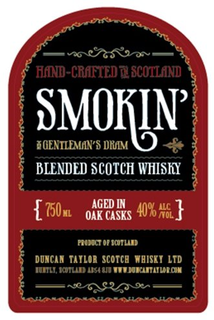 SMOKIN' BLENDED SCOTCH WHISKEY HAND-CRAFTED IN SCOTLAND THE GENTLEMAN'S DRAM 750 ML AGED IN OAK CASKS 40% ALC/VOL PRODUCT OF SCOTLAND DUNCAN TAYLOR SCOTCH WHISKY LTD HUNTLY, SCOTLAND AB54 8JU WWW.DUNCANTAYLOR.COM trademark