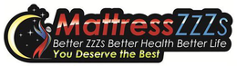 MATTRESS ZZZS BETTER ZZZS BETTER HEALTH BETTER LIFE YOU DESERVE THE BEST trademark