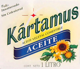 POLI-INSATURADO SIN COLESTEROL KÁRTAMUS ACEITE VEGETAL COMESTIBLE ACEITE CONT. NETO 1 LITRO trademark