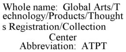 WHOLE NAME: GLOBAL ARTS/TECHNOLOGY/PRODUCTS/THOUGHTS REGISTRATION/COLLECTION CENTER ABBREVIATION: ATPT trademark