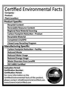 CERTIFIED ENVIRONMENTAL FACTS COMPANY: PRODUCT: PLANT LOCATION: PRODUCT SPECIFIC: RECYCLED CONTENT, RENEWABLE RESOURCE CONTENT, REGIONAL RAW MATERIAL SOURCING, CARBON FOOTPRINT REDUCTION - PRODUCT, RECYCLABLE MATERIAL, COMPLETED LCA/EPD, CLOSED LOOP RECYCLING PROGRAM, MANUFACTURING SPECIFIC: CARBON FOOTPRINT REDUCTION - FACILITY, REDUCED WASTE, REDUCED WATER USAGE, REDUCED ENERGY USAGE, WASTE DIVERSION FROM LANDFILL, ISO 14001 CERTIFIED, EVALUATION PERIOD: CERTIFICATION NUMBER: CERTIFICATION PERIOD: FOR MORE INFORMATION ON THE CERTIFIED ENVIRONMENTAL FACTS OF THIS PRODUCT, PLEASE CONTACT: INFO@GREENCIRCLECERTIFIED.COM, WWW.GREENCIRCLECERTIFIED.COM, GREENCIRCLE CERTIFIED, A SUSTAINABLE SOLUTION, CERTIFIED ENVIRONMENTAL FACTS trademark