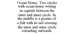 OCEAN HOUSE. TWO CIRCLES WITH OCEAN HOUSE WRITING IN CAPITALS BETWEEN THE OUTER AND INNER CIRCLE. IN THE MIDDLE IS A PICTURE OF A FISH WITH ITS TAIL CROSSING THE INNER AND OUTER CIRCLE EXTENDING OUTWARDS. trademark