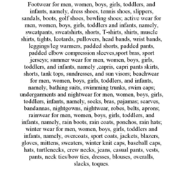 FOOTWEAR FOR MEN, WOMEN, BOYS, GIRLS, TODDLERS, AND INFANTS, NAMELY, DRESS SHOES, TENNIS SHOES, SLIPPERS, SANDALS, BOOTS, GOLF SHOES, BOWLING SHOES; ACTIVE WEAR FOR MEN, WOMEN, BOYS, GIRLS, TODDLERS AND INFANTS, NAMELY, SWEATPANTS, SWEATSHIRTS, SHORTS, T-SHIRTS, SHIRTS, MUSCLE SHIRTS, TIGHTS, LEOTARDS, PULLOVERS, HEAD BANDS, WRIST BANDS, LEGGINGS/LEG WARMERS, PADDED SHORTS, PADDED PANTS, PADDED ELBOW COMPRESSION SLEEVES,SPORT BRAS, SPORT JERSEYS; SUMMER WEAR FOR MEN, WOMEN, BOYS, GIRLS, TODDLERS, AND INFANTS, NAMELY ,CAPRIS, CAPRI PANTS SKIRTS, SHORTS, TANK TOPS, SUNDRESSES, AND SUN VISORS; BEACHWEAR FOR MEN, WOMEN, BOYS, GIRLS, TODDLERS, AND INFANTS, NAMELY, BATHING SUITS, SWIMMING TRUNKS, SWIM CAPS; UNDERGARMENTS AND NIGHTWEAR FOR MEN, WOMEN, BOYS, GIRLS, TODDLERS, INFANTS, NAMELY, SOCKS, BRAS, PAJAMAS; SCARVES, BANDANNAS, NIGHTGOWNS, NIGHTWEAR, ROBES, BELTS, APRONS; RAINWEAR FOR MEN, WOMEN, BOYS, GIRLS, TODDLERS, AND INFANTS, NAMELY, RAIN BOOTS, RAIN COATS, PONCHOS, RAIN HATS; WINTER WEAR FOR MEN, WOMEN, BOYS, GIRLS, TODDLERS AND INFANTS, NAMELY, OVERCOATS, SPORT COATS, JACKETS, BLAZERS, GLOVES, MITTENS, SWEATERS, WINTER KNIT CAPS, BASEBALL CAPS, HATS, TURTLENECKS, CREW NECKS, JEANS, CASUAL PANTS, VESTS, PANTS, NECK TIES/BOW TIES, DRESSES, BLOUSES, OVERALLS, SLACKS, TOQUES. trademark