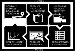 STRATEGIC TACTICAL COMPANY BUSINESS GOALS AND OBJECTIVES PRODUCT PORTFOLIO MANAGEMENT MULTI-YEAR PRODUCT STRATEGY REQUIREMENTS MANAGEMENT PRODUCT ROADMAPS PERFORMANCE MEASUREMENT trademark
