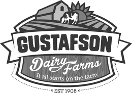 GUSTAFSON DAIRY FARMS IT ALL STARTS ON THE FARM EST 1908 trademark