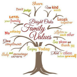 BRIGHT OAKS FAMILY VALUES SHARE USE KIND WORDS LAUGH TOGETHER LISTEN TO EACH OTHER SAY PLEASE AND THANK YOU THINK OF OTHERS BEFORE YOURSELF ENJOY TODAY HELP AND ENCOURAGE OTHERS GIVE COMPLIMENTS NO WHINING LOVE YOUR FAMILY DON'T JUDGE trademark
