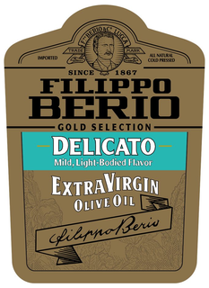IMPORTED F. PO BERIO & CO. LUCCA TRADE MARK ALL NATURAL COLD PRESSED SINCE 1867 FILIPPO BERIO GOLD SELECTION DELICATO MILD LIGHT-BODIED FLAVOR EXTRA VIRGIN OLIVE OIL FILIPPO BERIO trademark