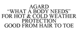 AGARD "WHAT A BODY NEEDS" FOR HOT & COLD WEATHER PROTECTION GOOD FROM HAIR TO TOE trademark