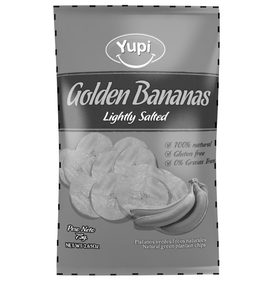 YUPI GOLDEN BANANAS LIGHTLY SALTED 100% NATURAL GLUTEN FREE 0% GRASAS TRANS PESO NETO 75G. NET WT 2.65OZ PLATANOS VERDES FRITOS NATURALES NATURAL GREEN PLANTAIN CHIPS trademark