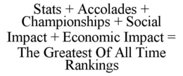 STATS + ACCOLADES + CHAMPIONSHIPS + SOCIAL IMPACT + ECONOMIC IMPACT = THE GREATEST OF ALL TIME RANKINGS trademark