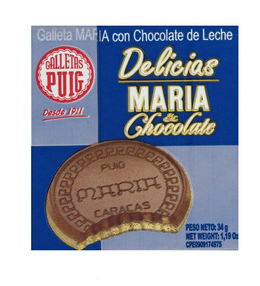 GALLETA MAF A CON CHOCOLATE DE LECHE GALLETAS PUIG DESDE 1911 DELICIAS MARIA & CHOCOLATE PUIG MARIA CARACAS PESO NETO: 34 G NET WEIGHT: 1,19 OZ CPE0909174975 trademark