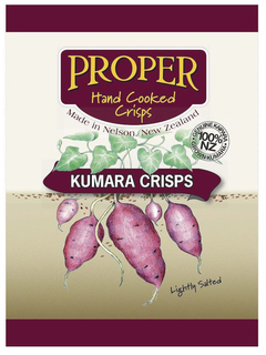 PROPER HAND COOKED CRISPS MADE IN NELSON, NEW ZEALAND, KUMARA CRISPS GENUINE KAIPARA 100% NZ GROWN KUMARA LIGHTLY SALTED trademark