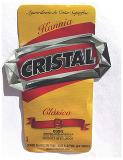 AGUARDIENTE DE CANA SUPERFINO KANNIA CRISTAL CLASICO EASA EMBOTELLADORA AZUAYA S.A. AN ISO 9001 CERTIFIED COMPANY PRODUCT OF ECUADOR SOUTH AMERICAN RUM 42% ALC/VOL (84 PROOF) trademark