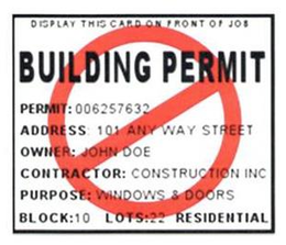 BUILDING PERMIT DISPLAY THIS CARD ON FRONT OF JOB PERMIT: 066257632 ADDRESS: 101 ANY WAY STREET OWNER : JOHN DOE CONTRACTOR : CONSTRUCTION INC PURPOSE : WINDOWS & DOORS BLOCK : 10 LOTS : 22 RESIDENTIAL trademark