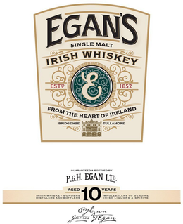 EGAN'S SINGLE MALT IRISH WHISKEY ESTD E 1852 FROM THE HEART OF IRELAND BRIDGE HSE TULLAMORE GUARANTEED & BOTTLED BY P.& H. EGAN LTD. AGED 10 YEARS IRISH WHISKEY BONDERS DISTILLERS AND BOTTLERS WHOLESALERS OF GENUINE IRISH LIQUORS & SPIRITS P J EGAN JAMES V EGAN trademark
