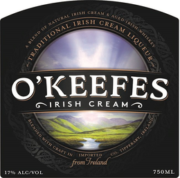 O'KEEFES - IRISH CREAM - A BLEND OF NATURAL IRISH CREAM & AGED IRISH WHISKEY - TRADITIONAL IRISH CREAM LIQUEUR - BLENDED WITH CRAFT IN CO. TIPPERARY, IRELAND IMPORTED FROM IRELAND 17% ALC/VOL 750ML trademark