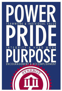 POWER PRIDE PURPOSE TEAMWORK & INDIVIDUAL VALUE INTEGRITY & HARD WORK ENCOURAGEMENT & ACCOMPLISHMENT SYNERGY trademark
