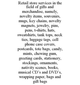 RETAIL STORE SERVICES IN THE FIELD OF GIFTS AND MERCHANDISE, NAMELY, NOVELTY ITEMS, SOUVENIRS, MUGS, KEY CHAINS, NOVELTY MAGNETS, JEWELRY, PINS, PENS, T-SHIRTS, HATS, SWEATSHIRTS, TANK TOPS, NECK TIES, LUGGAGE TAGS, CELL PHONE CASE COVERS, POSTCARDS, TOTE BAGS, CANDY, MINTS, CHEWING GUM, GREETING CARDS, STATIONERY, STOCKINGS, ORNAMENTS, NATIVITY SCENES, BOOKS, MUSICAL CD'S AND DVD'S, WRAPPING PAPER, BAGS AND GIFT BAGS trademark