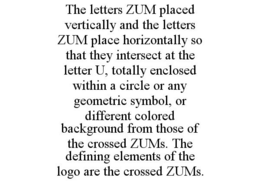 THE LETTERS ZUM PLACED VERTICALLY AND THE LETTERS ZUM PLACE HORIZONTALLY SO THAT THEY INTERSECT AT THE LETTER U, TOTALLY ENCLOSED WITHIN A CIRCLE OR ANY GEOMETRIC SYMBOL, OR DIFFERENT COLORED BACKGROUND FROM THOSE OF THE CROSSED ZUMS. THE DEFINING ELEMENTS OF THE LOGO ARE THE CROSSED ZUMS. trademark