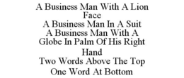 A BUSINESS MAN WITH A LION FACE A BUSINESS MAN IN A SUIT A BUSINESS MAN WITH A GLOBE IN PALM OF HIS RIGHT HAND TWO WORDS ABOVE THE TOP ONE WORD AT BOTTOM trademark
