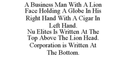 A BUSINESS MAN WITH A LION FACE HOLDING A GLOBE IN HIS RIGHT HAND WITH A CIGAR IN LEFT HAND. NU ELITES IS WRITTEN AT THE TOP ABOVE THE LION HEAD. CORPORATION IS WRITTEN AT THE BOTTOM. trademark