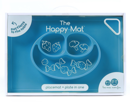 THE HAPPY MAT PLACEMAT + PLATE IN ONE SUCTIONS TO THE TABLE EZ PZ LESS MESS. MORE FUN BPA, PVC AND PHTHALATE FREE SILICONE trademark