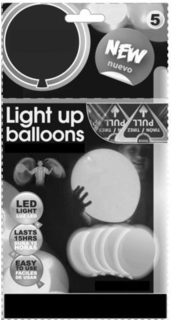 5 NEW NUEVO LIGHT UP BALLOONS LED LIGHTLUZ LED LASTS 15HRS DURA 15 HORAS EASY TO USE FACILES DE USAR TIRON / TIREZ PULL trademark