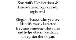 SMARTUFT'S EXPLORATIONS & DISCOVERIES-LOGO ALREADY REGISTERED. SLOGAN: "KNOW WHO YOU ARE. IDENTIFY YOUR CHARACTER. BECOME SOMEONE WHO CARES AND HELPS OTHERS."-SEEKING TO REGISTER THE SLOGAN. trademark