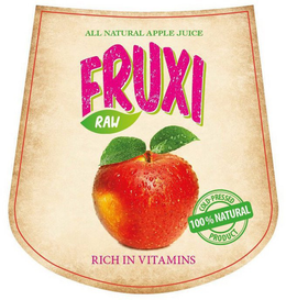 FRUXI RAW ALL NATURAL APPLE JUICE RICH IN VITAMINS 100% NATURAL COLD-PRESSED PRODUCT trademark