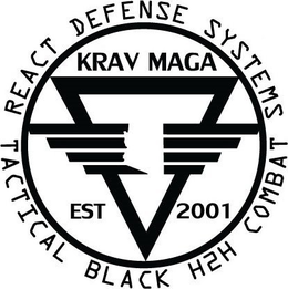 REACT DEFENSE SYSTEMS TACTICAL BLACK H2H COMBAT KRAV MAGA EST 2001 trademark