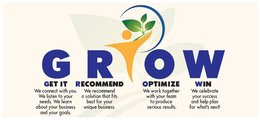 GROW GET IT RECOMMEND OPTIMIZE WIN WE CONNECT WITH YOU. WE LISTEN TO YOUR NEEDS. WE LEARN ABOUT YOUR BUSINESS AND YOUR GOALS. WE RECOMMEND A SOLUTION THAT FITS BEST FOR YOUR UNIQUE BUSINESS. WE WORK TOGETHER WITH YOUR TEAM TO PRODUCE SERIOUS RESULTS. WE CELEBRATE YOUR SUCCESS AND HELP PLAN FOR WHAT'S NEXT! trademark