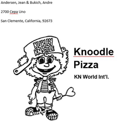 ANDERSEN, JEAN & BUKICH, ANDRE 2700 CEPA UNO SAN CLEMENTE, CALIFORNIA, 92673 KNOODLE PIZZA KN WORLD INT'L. trademark