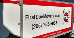 FIRST, DUE, MOVERS, MOVING, DELIVERY, FIREFIGHTER, OWNED, AND OPERATED trademark