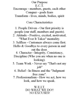 OUR PURPOSE E.C.T. ENCOURAGE - MEMBERS, GUESTS, EACH OTHER CONQUER - GOALS FEARS TRANSFORM - LIVES, MINDS, BODIES, SPIRIT CORE CHARACTERISTICS 1. PEOPLE DRIVEN - OUR FIRST PRIORITY IS PEOPLE (OUR STAFF, MEMBERS AND GUESTS). 2. ATTITUDE - POSITIVE, EXCITED, MOTIVATED, "WHAT EVER IT TAKES" MENTALITY. 3. SELFLESS - CUSTOMERS ALWAYS COME FIRST. HELLO & GOODBYE TO EVERY PERSON IN AND OUT THE DOOR. 4. CHARACTER - INTEGRITY, CONSISTENCY, DISCIPLINE (WHO YOU ARE WHEN NO ONE IS LOOKING). 5. TEAM WORK - NEVER SAY "THAT'S NOT MY JOB" 6. BELIEF - IN FITNESS AND THE "JUDGMENT FREE ZONE". 7. PROFESSIONALISM - HOW WE ACT, HOW WE LOOK, AND HOW WE SPEAK. W.E.I.T. DO WHAT WE DO!! NO EXCUSES! trademark